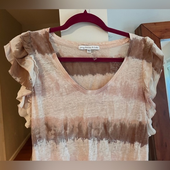 Young Fabulous & Broke Pink White Brown Ruffle Shoulder 100% Linen Short Sleeve - Picture 3 of 5